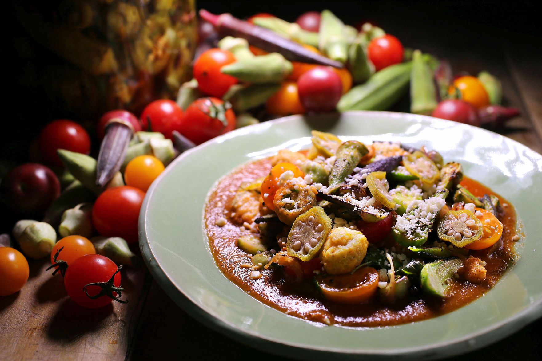 Tomatoes and okra from The Grocery
